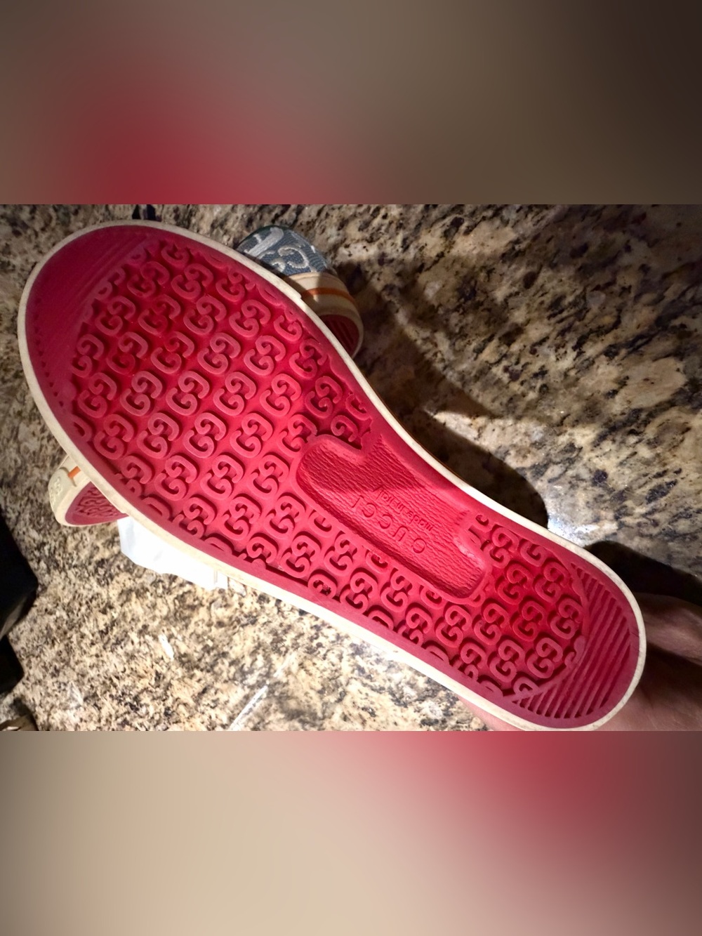 Gucci Women’s Blue GG Canvas Sneakers with Orange Trim and Green Interior - Picture 7 of 11